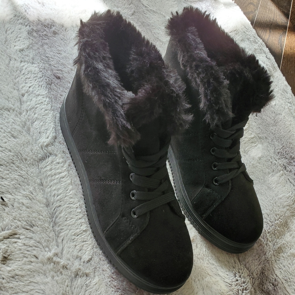 Black Faux Fur Trim Ankle Sneaker Boots